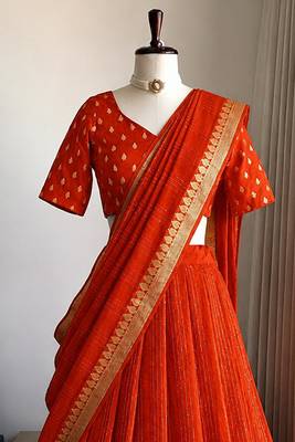 Orange Viscose Georgette Zari Weaving Border With all over Lining with Sequence Lehenga Choli with Dupatta 3