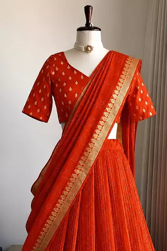 Orange Viscose Georgette Zari Weaving Border With all over Lining with Sequence Lehenga Choli with Dupatta