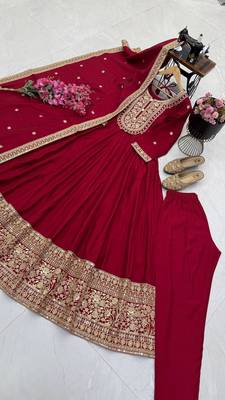 Women's maroon heavy zari & sequins work anarkali suit set with straight pant and embroidered dupatta 4