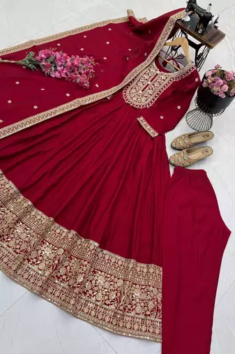 Women's maroon heavy zari & sequins work anarkali suit set with straight pant and embroidered dupatta