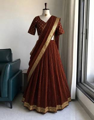 Brown Viscose Georgette Zari Weaving Border With all over Lining with Sequence Lehenga Choli with Dupatta 1