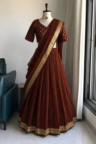 Brown Viscose Georgette Zari Weaving Border With all over Lining with Sequence Lehenga Choli with Dupatta