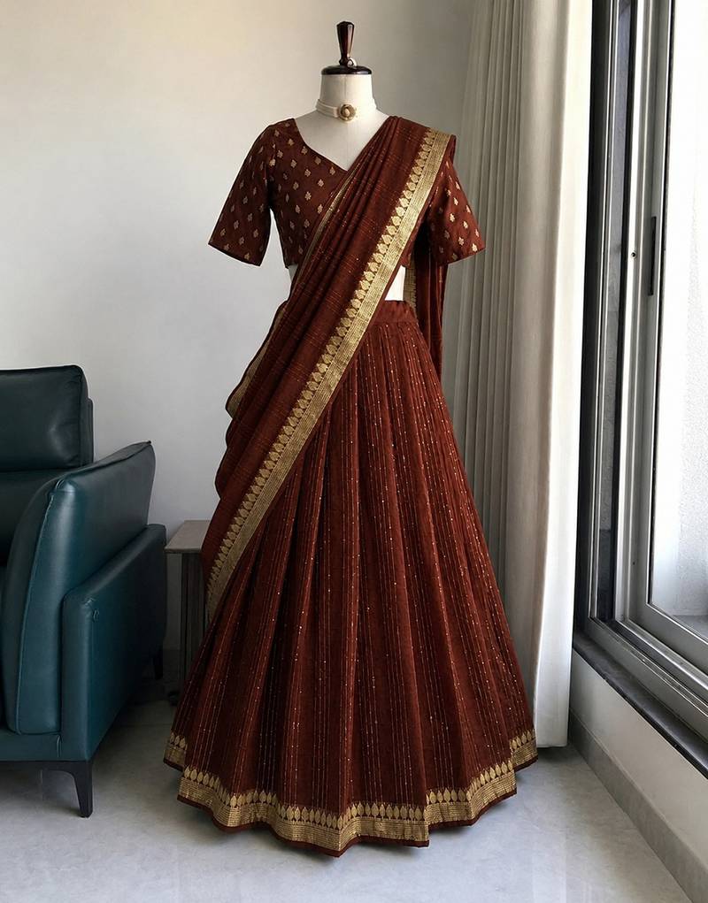 Brown Viscose Georgette Zari Weaving Border With all over Lining with Sequence Lehenga Choli with Dupatta