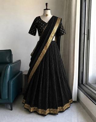 Black Viscose Georgette Zari Weaving Border With all over Lining with Sequence Lehenga Choli with Dupatta 1