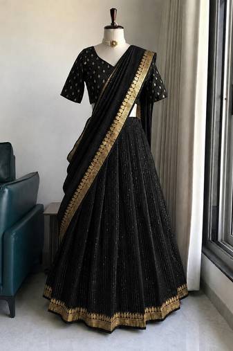 Black Viscose Georgette Zari Weaving Border With all over Lining with Sequence Lehenga Choli with Dupatta