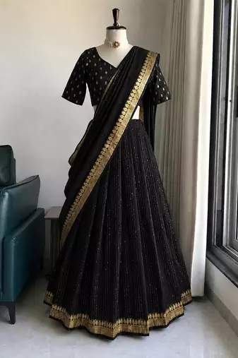 Black Viscose Georgette Zari Weaving Border With all over Lining with Sequence Lehenga Choli with Dupatta