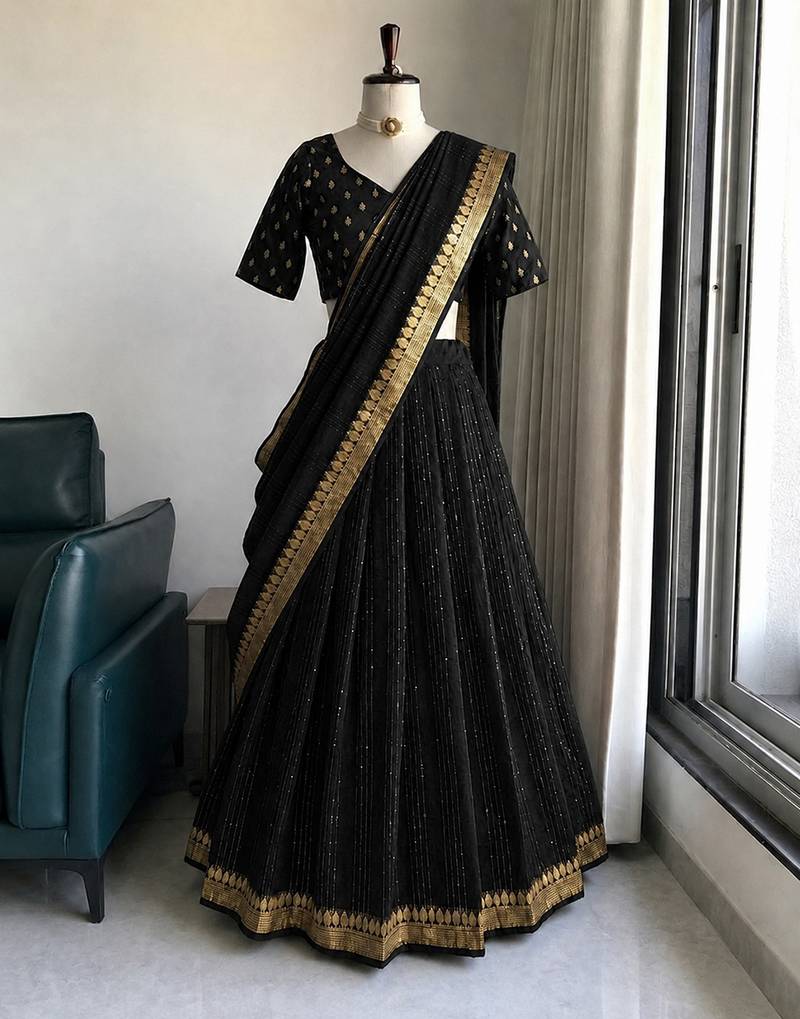 Black Viscose Georgette Zari Weaving Border With all over Lining with Sequence Lehenga Choli with Dupatta