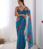 blue floral pure chiffon saree