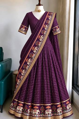 Wine Viscose Zari Weaving Border Lehenga Choli with Dupatta- full stitched free size