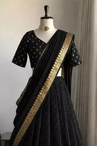 Black Viscose Georgette Zari Weaving Border With all over Lining with Sequence Lehenga Choli with Dupatta