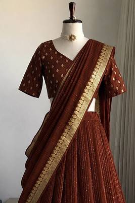 Brown Viscose Georgette Zari Weaving Border With all over Lining with Sequence Lehenga Choli with Dupatta 3