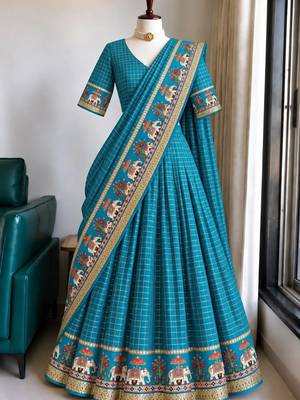 Skyblue Viscose Zari Weaving Border Lehenga Choli with Dupatta- full stitched free size 1