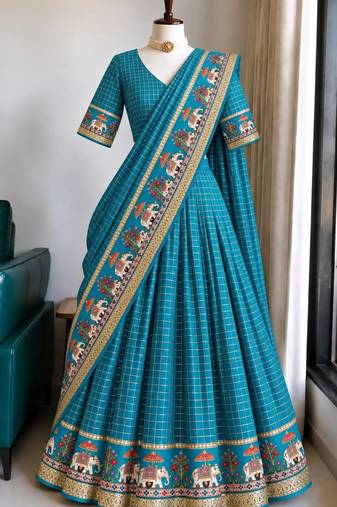 Skyblue Viscose Zari Weaving Border Lehenga Choli with Dupatta- full stitched free size