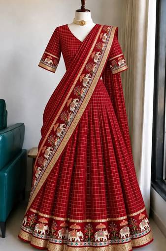Red Viscose Zari Weaving Border Lehenga Choli with Dupatta- full stitched free size