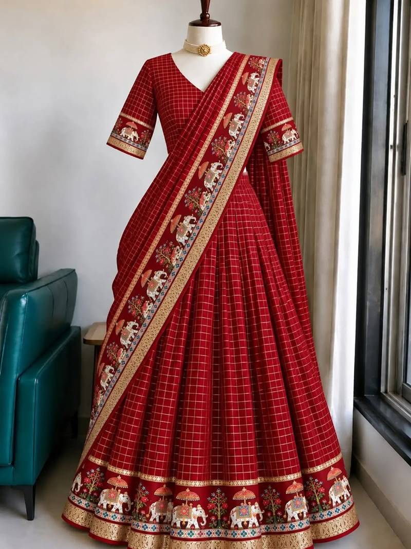 Red Viscose Zari Weaving Border Lehenga Choli with Dupatta- full stitched free size