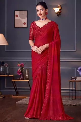 red embellished sequinned pure georgette heavy work saree