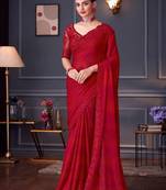 red embellished sequinned pure georgette heavy work saree