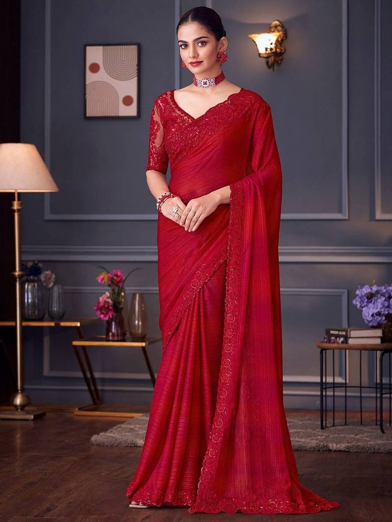 red embellished sequinned pure georgette heavy work saree