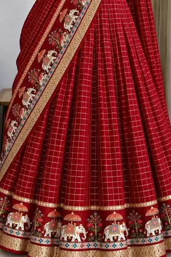 Red Viscose Zari Weaving Border Lehenga Choli with Dupatta- full stitched free size