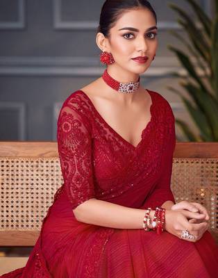 red embellished sequinned pure georgette heavy work saree 2