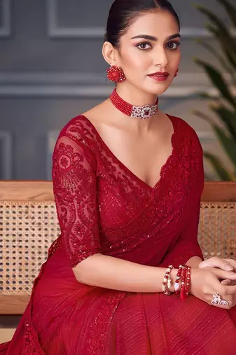 red embellished sequinned pure georgette heavy work saree