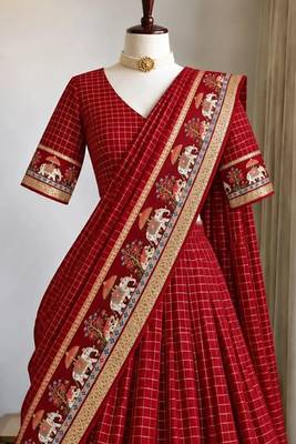 Red Viscose Zari Weaving Border Lehenga Choli with Dupatta- full stitched free size 3