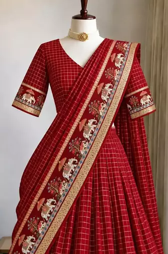 Red Viscose Zari Weaving Border Lehenga Choli with Dupatta- full stitched free size