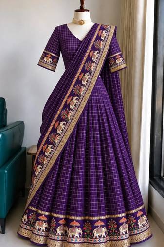 Purple Viscose Zari Weaving Border Lehenga Choli with Dupatta- full stitched free size