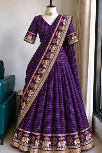 Purple Viscose Zari Weaving Border Lehenga Choli with Dupatta- full stitched free size