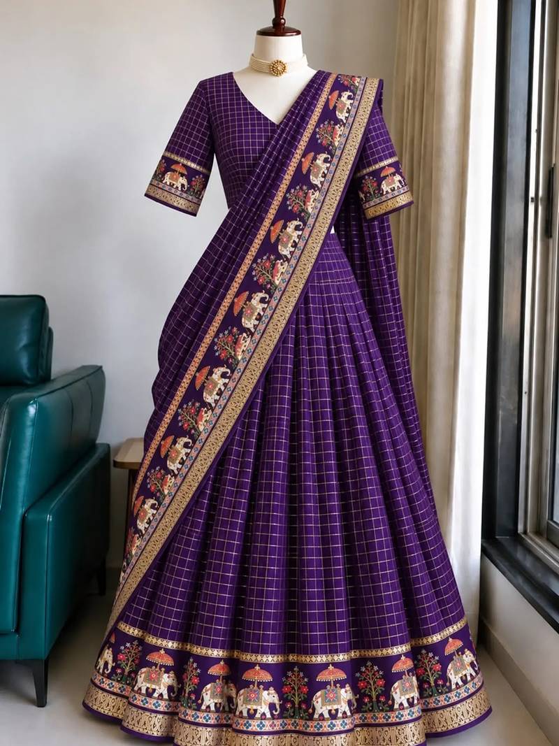 Purple Viscose Zari Weaving Border Lehenga Choli with Dupatta- full stitched free size