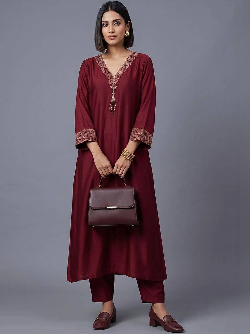 women ethnic motifs embroidered regular thread work kurta with trousers