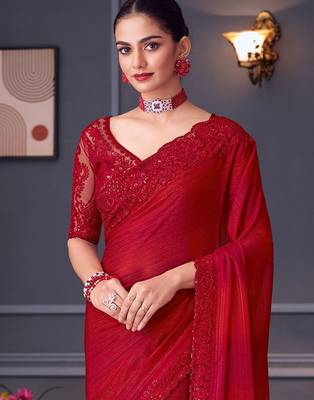 red embellished sequinned pure georgette heavy work saree 3