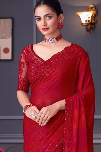 red embellished sequinned pure georgette heavy work saree