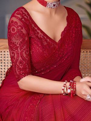 red embellished sequinned pure georgette heavy work saree 4