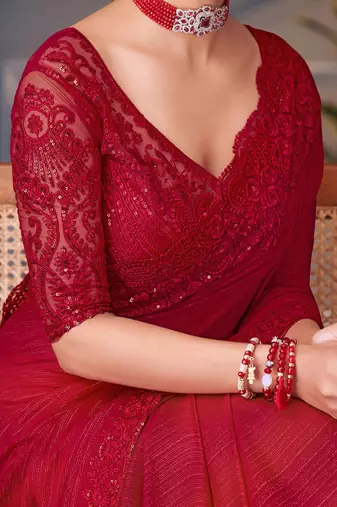 red embellished sequinned pure georgette heavy work saree