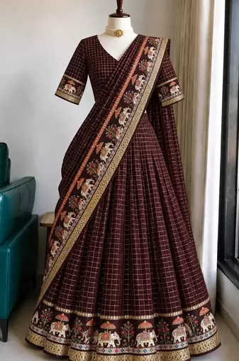 Brown Viscose Zari Weaving Border Lehenga Choli with Dupatta- full stitched free size