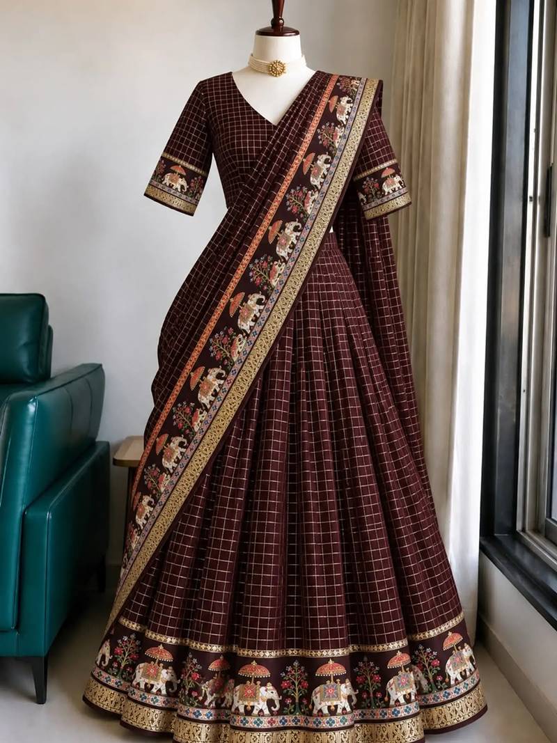 Brown Viscose Zari Weaving Border Lehenga Choli with Dupatta- full stitched free size