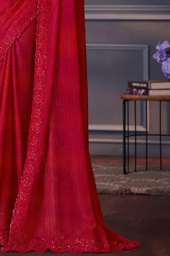 red embellished sequinned pure georgette heavy work saree