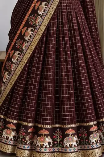 Brown Viscose Zari Weaving Border Lehenga Choli with Dupatta- full stitched free size