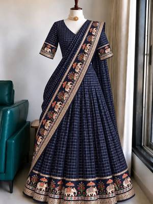 Blue Viscose Zari Weaving Border Lehenga Choli with Dupatta- full stitched free size 1