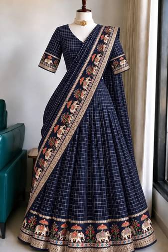 Blue Viscose Zari Weaving Border Lehenga Choli with Dupatta- full stitched free size