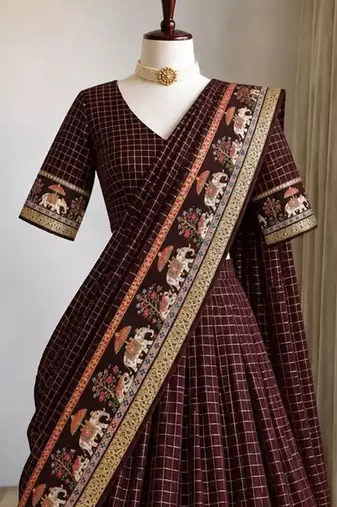 Brown Viscose Zari Weaving Border Lehenga Choli with Dupatta- full stitched free size