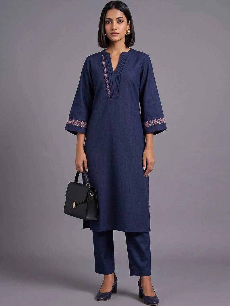 women ethnic motifs embroidered regular thread work kurta with trousers