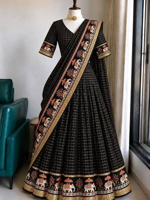 Black Viscose Zari Weaving Border Lehenga Choli with Dupatta- full stitched free size 1