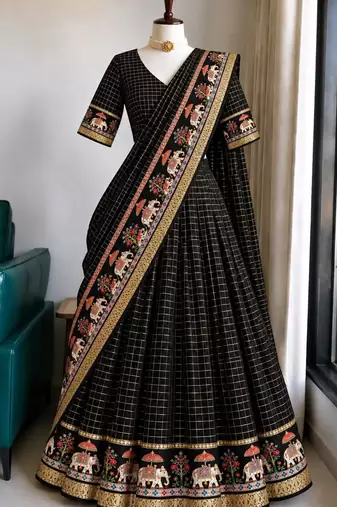 Black Viscose Zari Weaving Border Lehenga Choli with Dupatta- full stitched free size