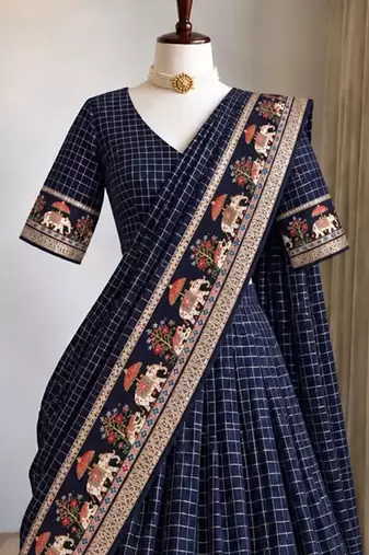 Blue Viscose Zari Weaving Border Lehenga Choli with Dupatta- full stitched free size