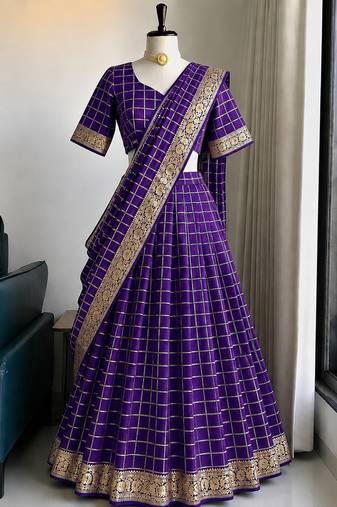 Wine Viscose Georgette Zari Weaving Border Lehenga Choli with Dupatta- full stitched free size