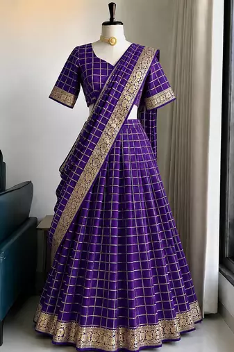 Wine Viscose Georgette Zari Weaving Border Lehenga Choli with Dupatta- full stitched free size