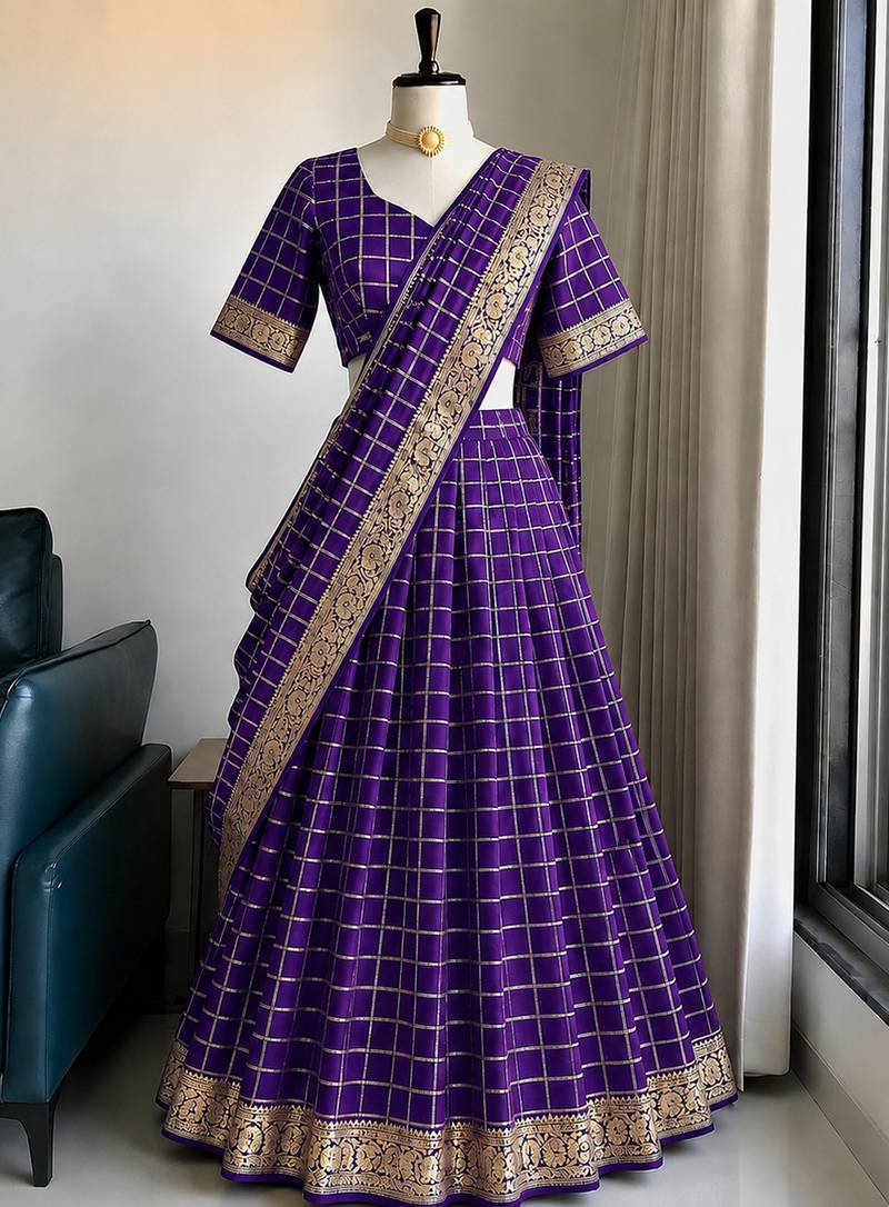 Wine Viscose Georgette Zari Weaving Border Lehenga Choli with Dupatta- full stitched free size