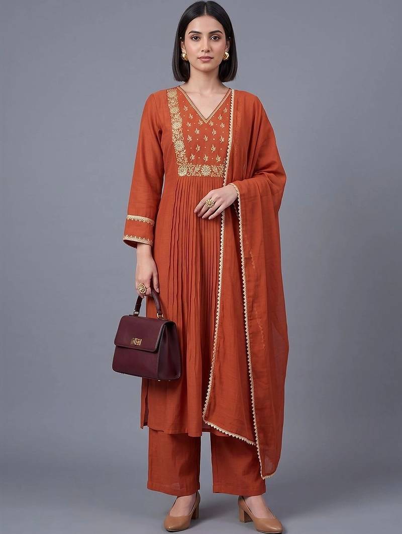 women ethnic motifs embroidered pleated thread work kurta with trousers & with dupatta